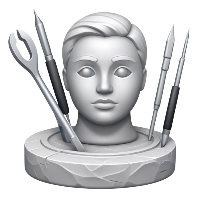 Icon for sculpting, with sculpting tools, sculpture in progress on a textured surface, minimalistic style, clean lines, transparent background. sticker