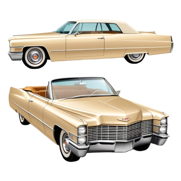 Simple beige 1966 Cadillac DeVille with minimal details, clean lines, streamlined 30-degree view, reduced to essential elements only, Once Upon a Hollywood car, iOS emoji style sticker