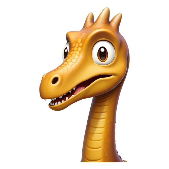 Cinematic Comical Brachiosaurus Portrait Emoji, Head tilted dramatically with an exaggeratedly surprised expression, featuring a tiny, animated head atop an impressively long neck, with wide, comically expressive eyes and a subtly quirky posture, Simplified yet humorously expressive features, highly detailed, glowing with a slightly sassy golden glow, high shine, dramatic yet playful, stylized with an air of cheeky prehistoric mischief, soft glowing outline, capturing the essence of a meme-worthy Brachiosaurus that looks ready to playfully leap its way into viral fame! sticker