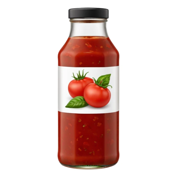 small upright bottle filled with chunky red salsa, visibly textured through a clear or semi-transparent container, wide base, simple red or black cap, flecks of tomato chili and herbs within thick sauce, no label, no chips, no garnish, soft lighting, subtle shadows, emoji scale sticker