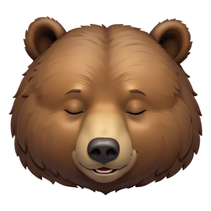 Meme-Worthy Cute Sleeping Grizzly Bear Portrait Emoji, Head resting peacefully with a contented smile, showcasing a massive, robust build and a luxuriously soft deep brown fur, eyes shut in a serene, restful nap, Simplified yet hilariously adorable features, highly detailed, glowing with a soft, drowsy light, high shine, relaxed and utterly lovable, stylized with an air of playful laziness, bright and heartwarming, soft glowing outline, capturing the essence of a comically sleepy grizzly, so meme-worthy it feels like it could instantly become the next viral sensation of adorable slumber! sticker