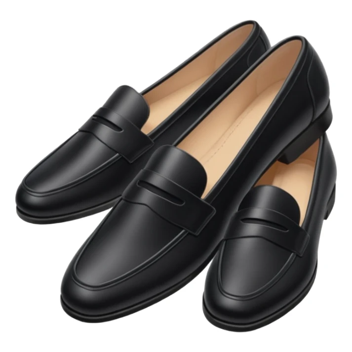 Aesthetic black loafers emoji, soft pastel minimal illustration, smooth shiny leather, delicate highlights, simple cute proportions, fashion sticker style, clean white background, soft shadow, minimal luxury vibe, high resolution, centered, sticker