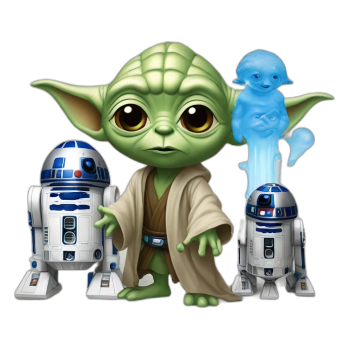 Yoda with R2D2 and a Smurf behind him sticker