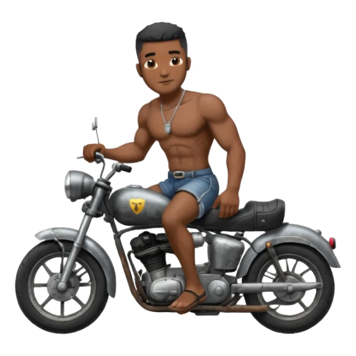 Black big men without shirt riding an old small motorcycle sticker