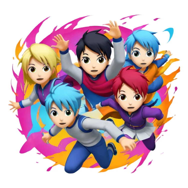 Icon for Anime: vibrant, dynamic scene with anime characters in action, featuring exaggerated expressions and colorful backgrounds. The design should reflect the distinct, energetic style of anime, with iconic eyes and unique visual elements. Transparent background. sticker