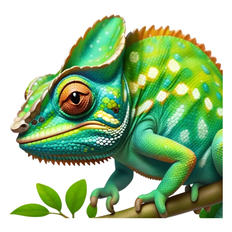cinematic giant-smiling. chameleon-realistic emoji,-blending-with-vibrant-greenery.-detailed-scales-in-shifting-colors,-showing-the-chameleon’s-ability-to-camouflage.-soft-natural-light-highlights-its-texture.-light-background, zoomed into its face sticker