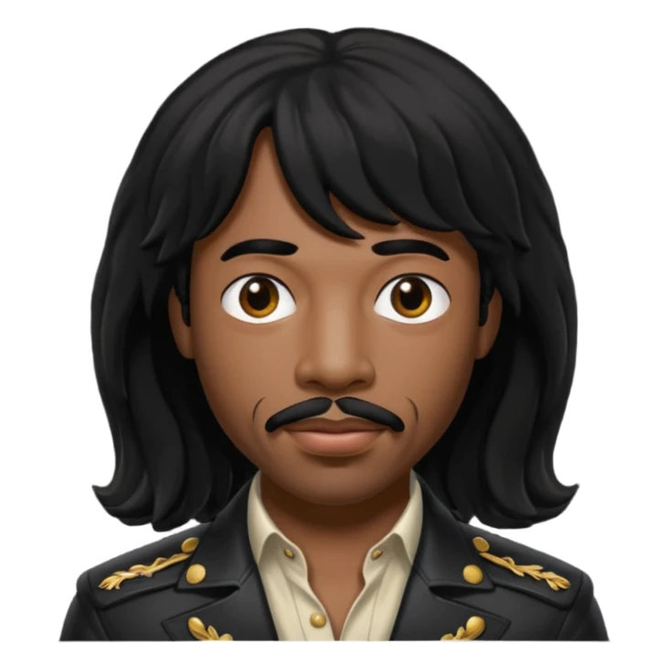 Rick James with black long hair and thin mustache sticker