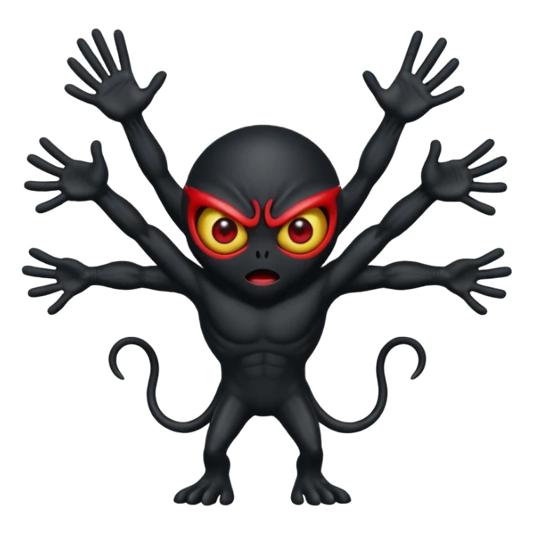 aggressive 8-armed black cyclops alien, black body, one big evil red eye in the middle, arms raised in attack, emoji style sticker