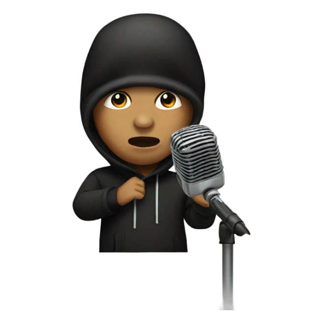 Mexican boy rapping into a microphone with a black ski mask sticker