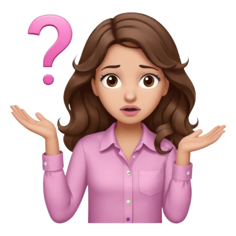 girl with wavy long brown hair, brown eyes, light to medium complexion, long lashes, light pink lipstick, wearing light pink shirt, shrugging with both hands, confused, question mark sticker