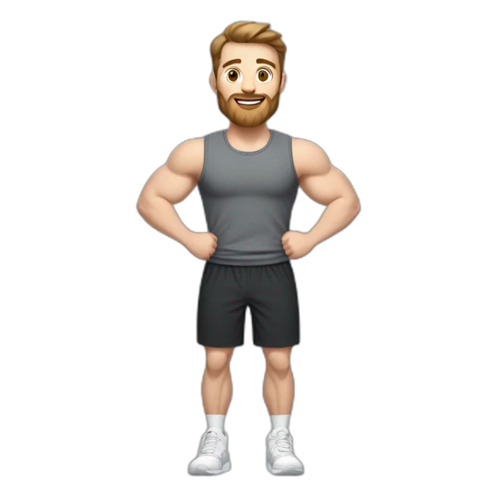 Full height Actively gesturing with hands Pale skinned Fit Man With the biceps and brown hair in dark gray Sleeveless Mike, black oversize sports shorts, watch and white Sneakers sticker