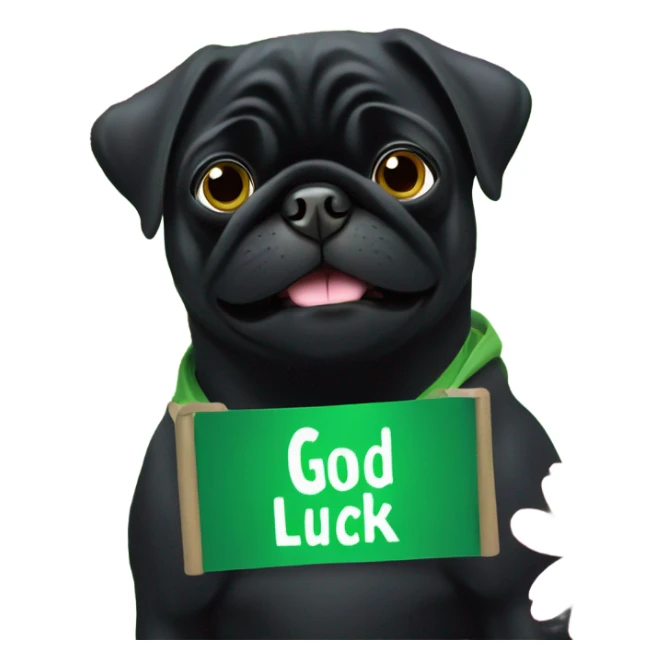 Black pug , surrounded by flowers, holding a green sign that says “good luck”  sticker