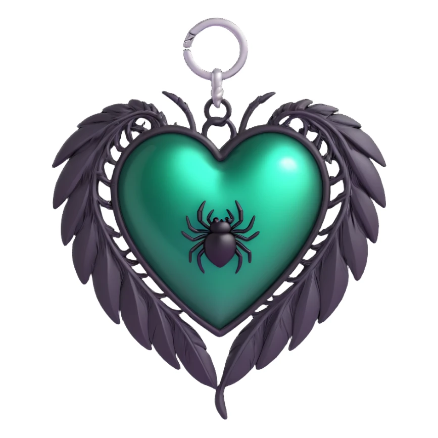 3D emoji gothic heart, dark emerald glass texture, silver spider charm, feather accents sticker