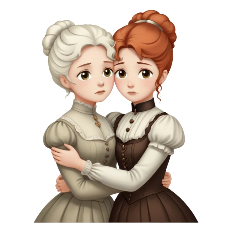Two Victorian women with light eyes, one with white coiffed hair and one with copper coiffed hair, wearing Victorian high-neck dresses, embracing in a sad intimate hug sticker
