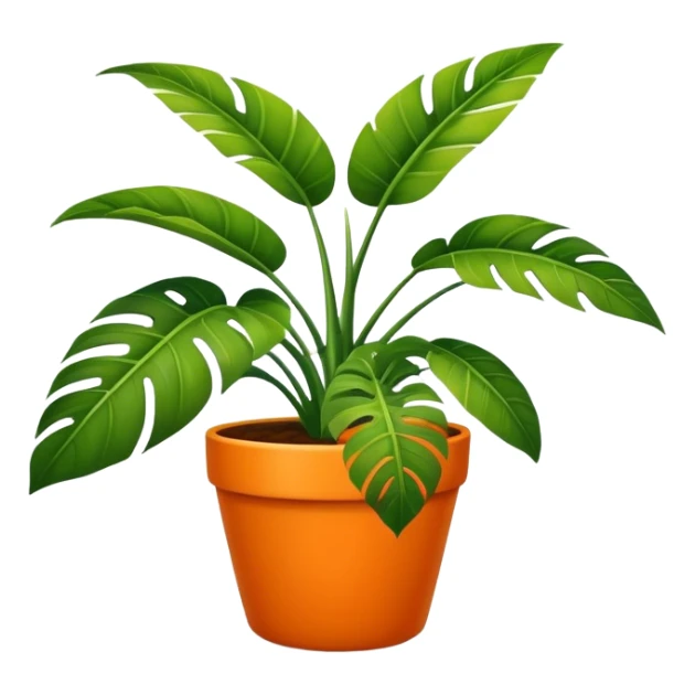 A tropical plant with huge leaves in an orange pot sticker