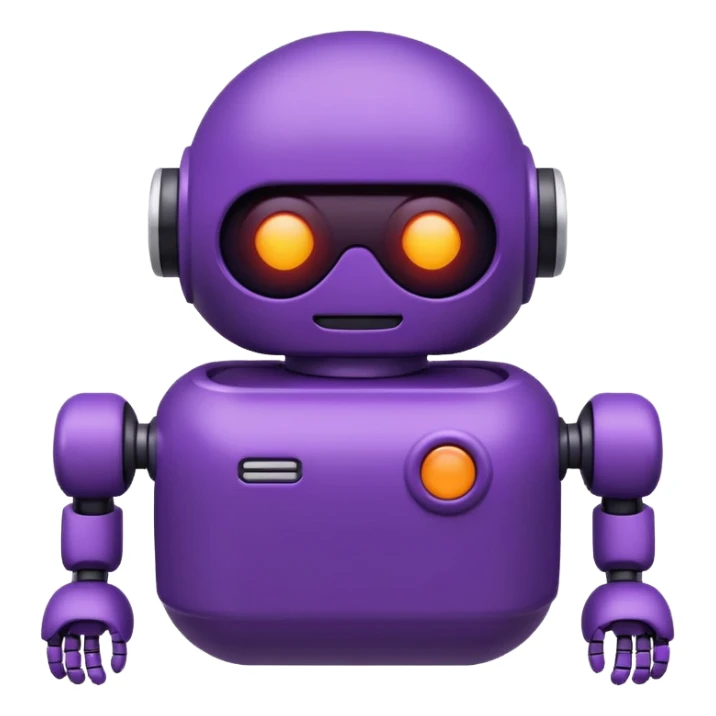 Cute deep purple robot emoji, pill-shaped body, dark visor with glowing white simple eyes and smile. Flat 2D vector art, die-cut sticker with white border, minimalist, white background. sticker