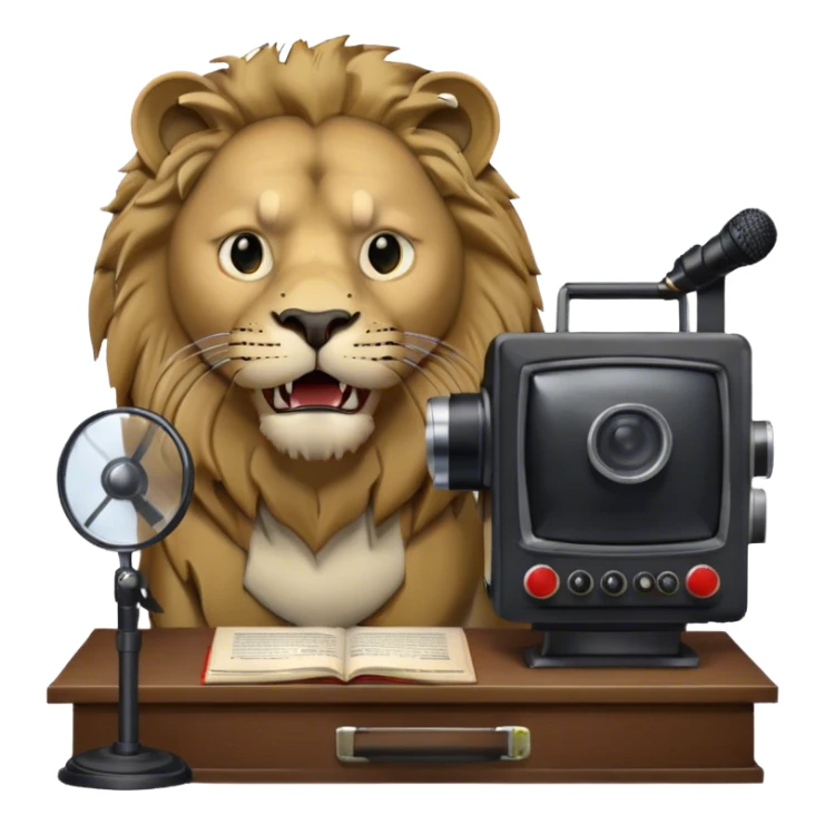 Icon for Documentary TV Show: A TV screen with a microphone, books, historical documents, and scientific symbols. Include a roaring lion or other animal, interview setup with a camera, and a serious-looking news anchor or narrator. Transparent background. sticker