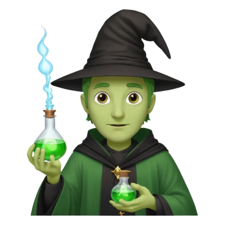 Green-skinned male wizard with a long nose, wearing a black hat and robe, holding a glowing potion bottle sticker