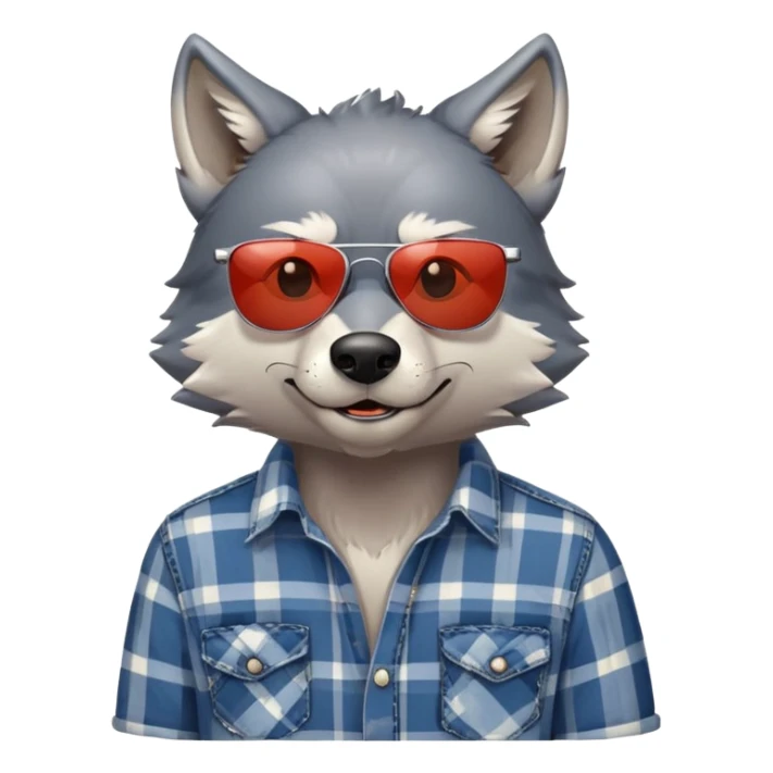 head and shoulders friendly anthropomorphised wolf in plaid shirt and jeans, wearing dark sunglasses, relaxed pose sticker