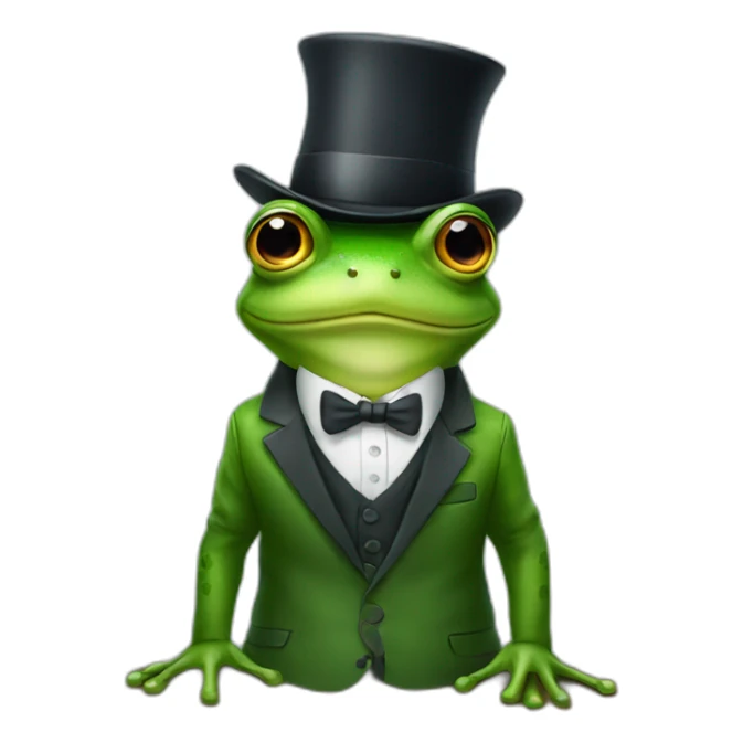 A frog wearing a suit looking straight sitting on a table and wearing a hat sticker