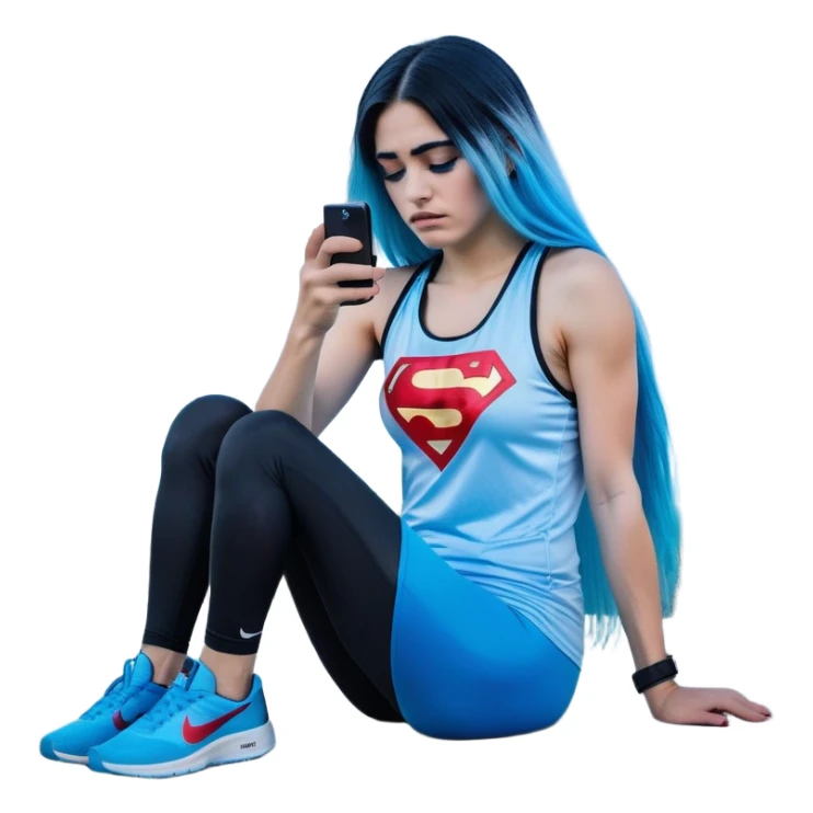 Shameful disappointed crying-very very very very big chest-texting on a samsung cell phone-very long straight flowing black to sky blue hair ombre-blue eyes-black eyeliner-long eyelashes-plastic sparkling sky blue very low cut tank top with sparkling superman logo-black leggings-nike sneakers sticker