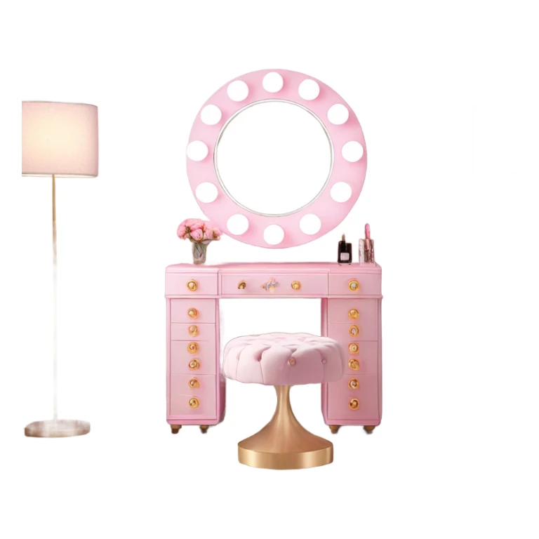 Vanity table with led light mirror and pink Antoinette Round Tufted Vanity Chair sticker