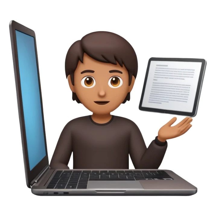 A dark-colored laptop with the screen open. From the screen, a person is emerging, giving a lecture or teaching. The person should look expressive and in a teaching pose. Soft shadows, semi-3D emoji style, clean background. sticker