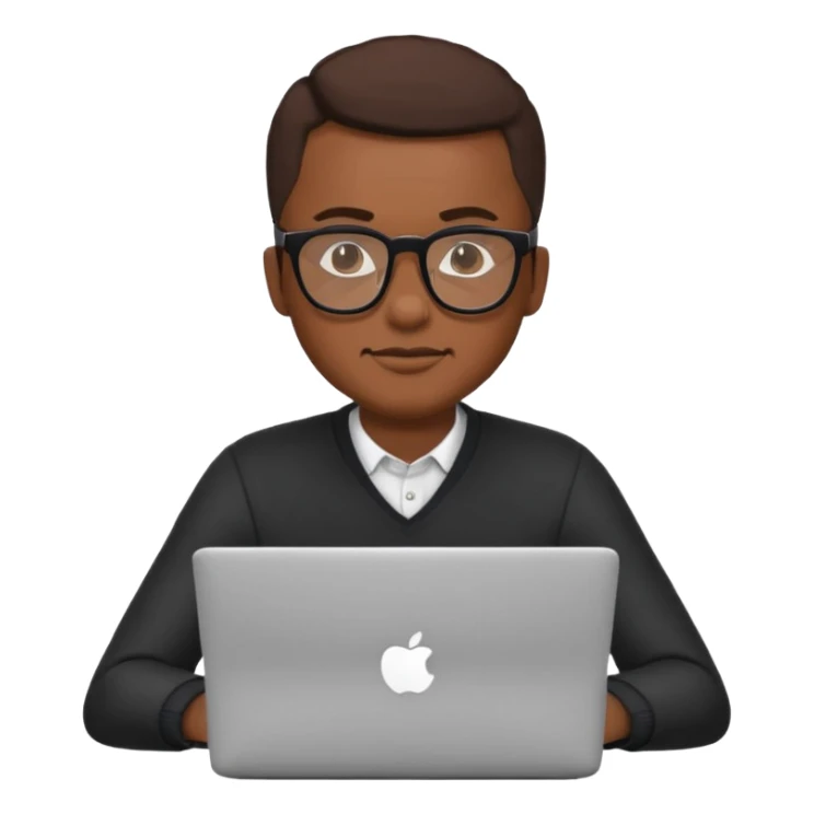 Black man with glasses sitting with a laptop in front, emoji style sticker