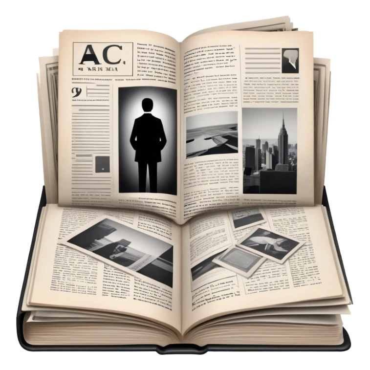 Icon for Non-Fiction & Narrative Reading: an open book with black-and-white photos on the pages, surrounded by a pile of newspaper clippings, and an open folder with top-secret documents. The icon should reflect the blend of real stories and facts in non-fiction literature. Transparent background. sticker