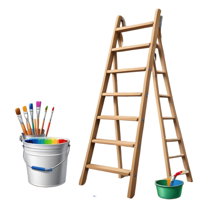 Wall painting icon, wall with an unfinished colourfull painting, no frame, a beautiful mural in progress, visible paintbrushes, rollers, and a bucket of paint, wooden ladder beside, minimalistic style, clean lines, transparent background. sticker