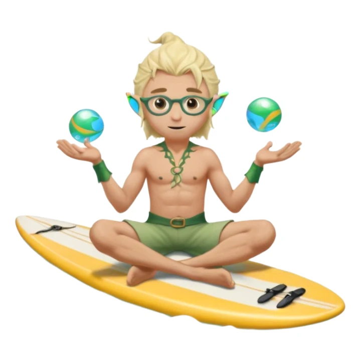 elf male legolas sitting on surfboard (ashore), hands manipulating two orbs of swirling seawater giving a "massage" to his own shoulders, wearing relaxed linen shorts over swimwear, tinted elven sunglasses, pointy ears, content expression, centered emoji sticker