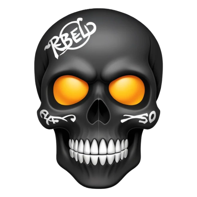 smooth black skull with rebellious graffiti and brand logos, slightly tilted angle sticker