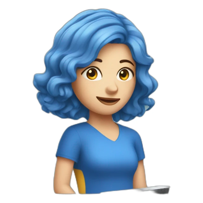 European girl in blue clothes behind laptop  sticker