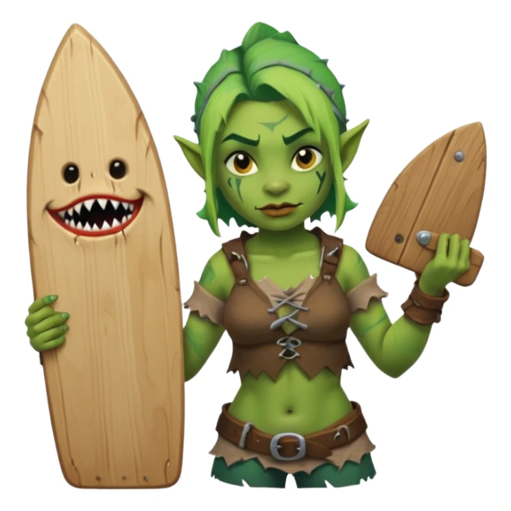 orc female holds a board with a shark painted vertically in his hands sticker