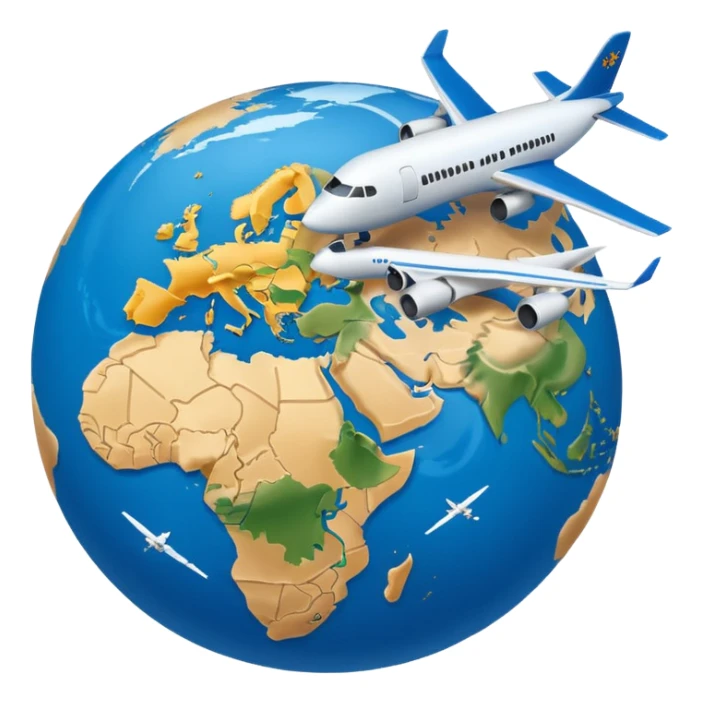 Generate a Google-style emoji representation that is not hyper-realistic but maintains a clear and recognizable depiction of a globe showing Europe and Africa.Include a plane flying around the globe, leaving a visible air trail. ensure the design can be easily understood at a small scale sticker