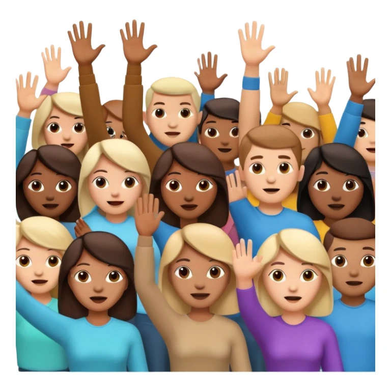 A 3D cartoon crowd raising hands in a concert-like protest, yellow backlight, energetic mood, Memoji-style. sticker