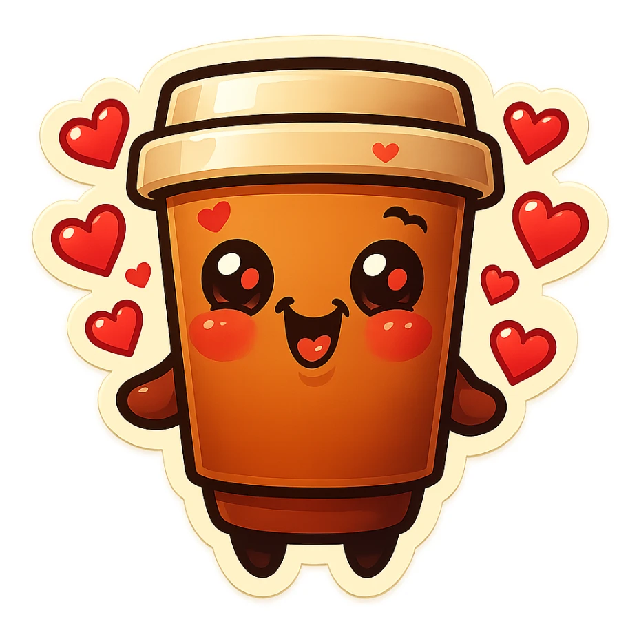 Tall coffee cup, cassanova flirty, gushing with love, dramatic sticker