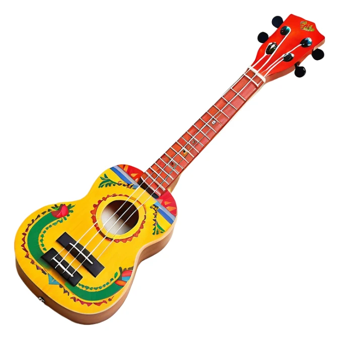 Create a vibrant and artistic emoji representing a ukulele with a Mexican design. The ukulele should feature a bright, colorful body with traditional Mexican patterns, such as geometric shapes, floral motifs, or colorful stripes. Use rich, warm tones like red, yellow, green, and blue to give the instrument a lively, festive look. Highlight the wood grain of the ukulele’s neck and fingerboard, and add subtle details like decorative inlays or a small Mexican flag symbol on the body. The strings should be clearly visible, and the instrument should be in a slightly angled position to showcase its unique design. The background should be transparent. sticker