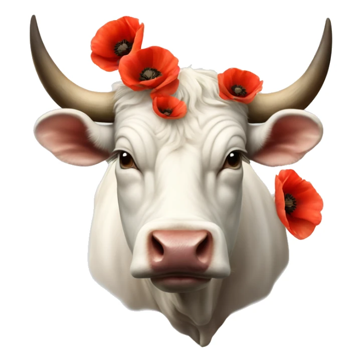 Realistic gentle White Bull Ox with many poppies on big horns sticker