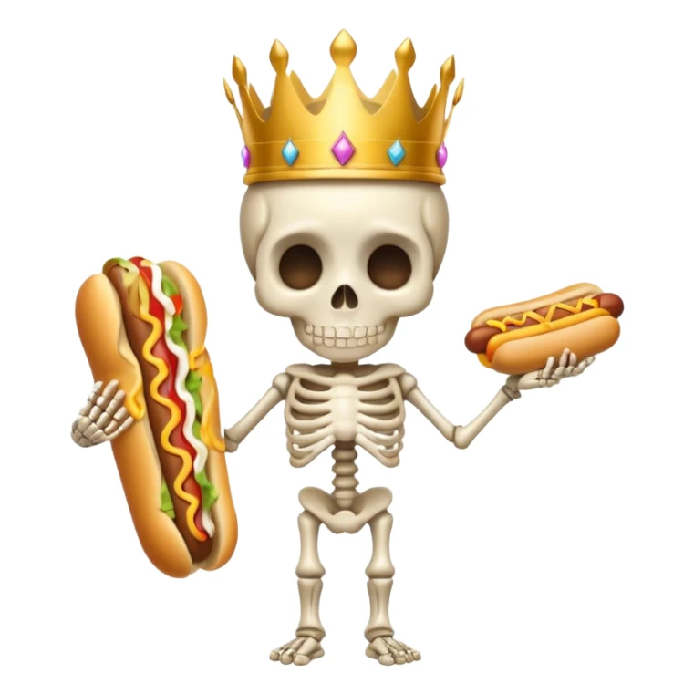 A cute skeleton wearing crown and holding hot dog full body sticker