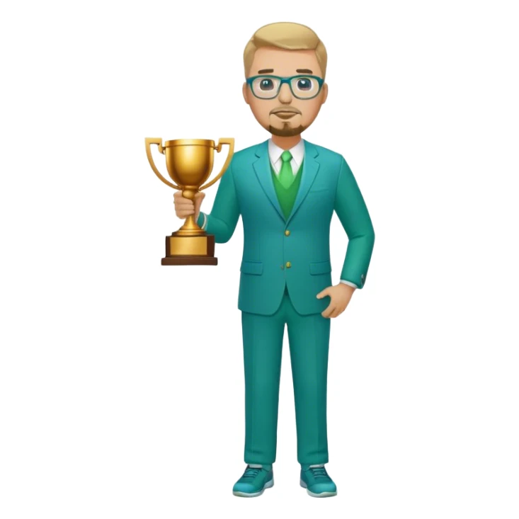 Full Body white plus size man  wearing glasses with a goatee with dirty blond short hair basketball head Coach in blue and green suit holding trophy sticker
