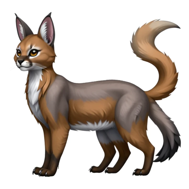 Realistic patterned marked edgy greyish blackish whitish silvery coppery Shiny Colorful Glossy Caracal-Fox-Cabbit-Lion-Bobcat-fusion-animal-hybrid-creature, full body, big-tufted-bat-ears, long-thin-tufted-white-tipped-tail sticker