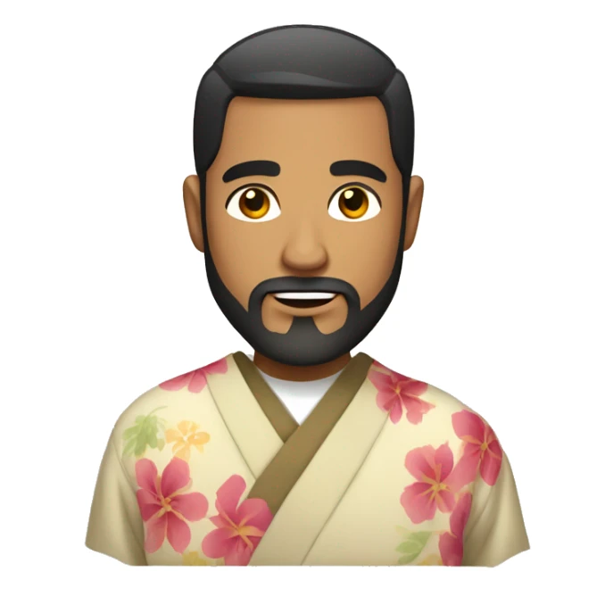 bearded Latino man with short dark hair wearing a kimono sticker