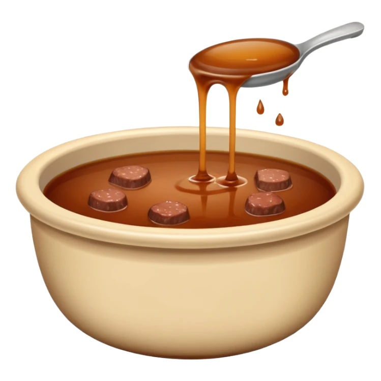 beef stock in a bowl, plain brown liquid, no extra details, emoji style sticker