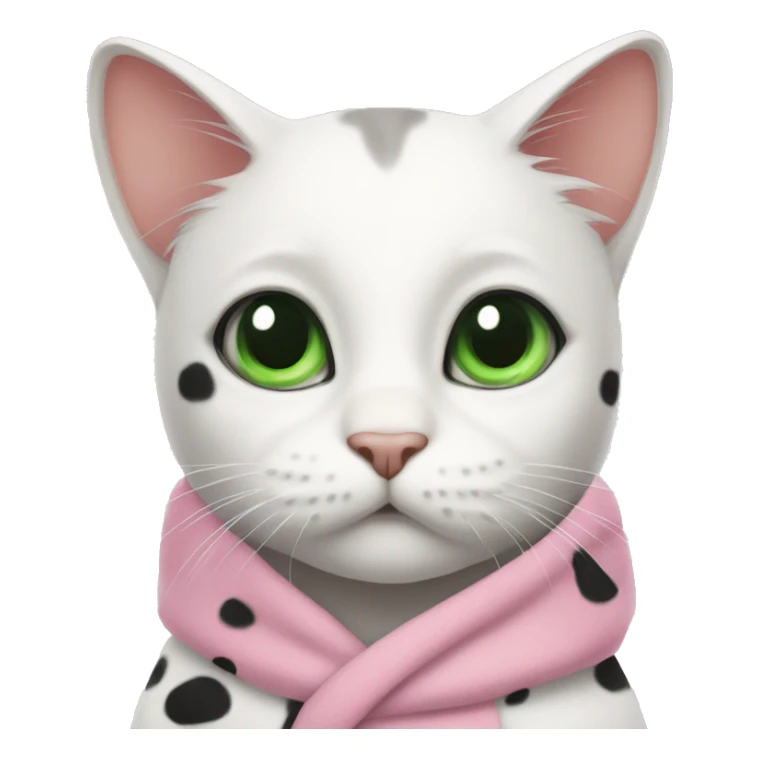 A white cat with big black spots and green eyes in a pink robe sticker