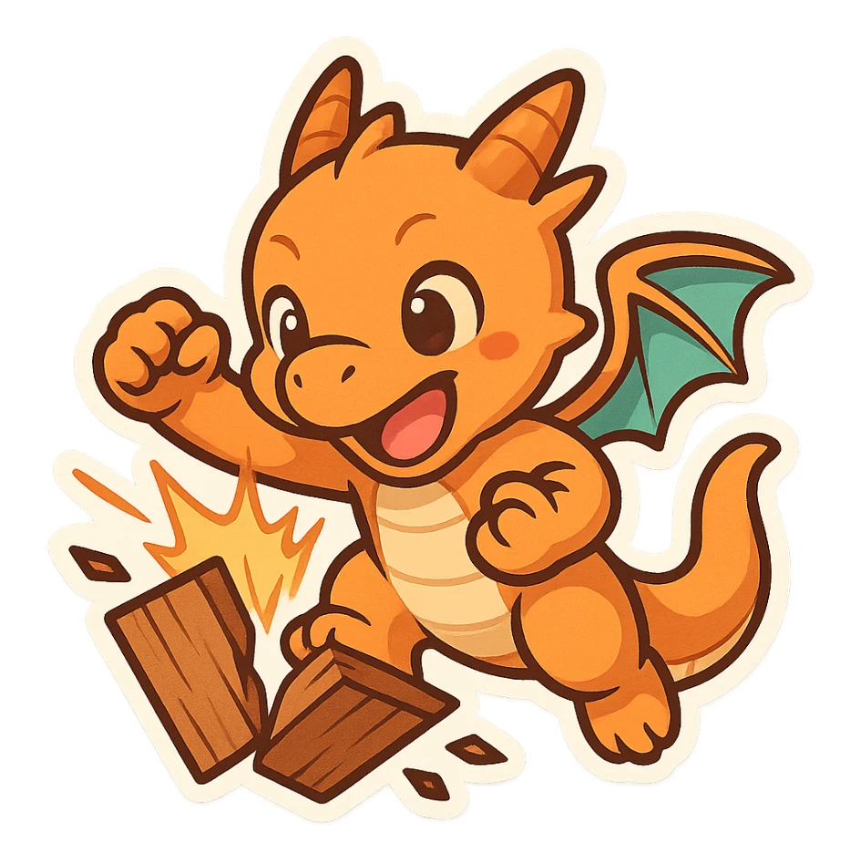 a playful dragon breaking a board with a karate chop, cute and chibi style sticker