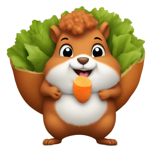 A fat squirrel with curly hair eating a sweet potato sticker