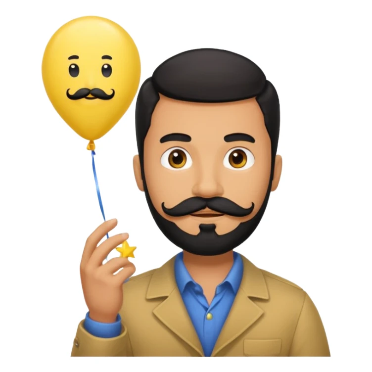 man with black bead and mustache holding star yellow balloon sticker