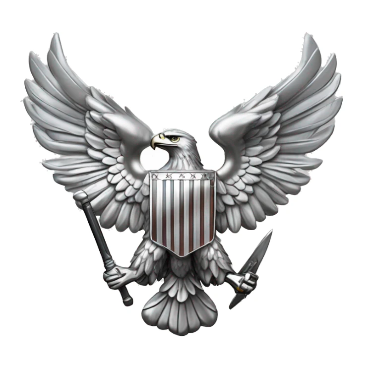 Create an emoji of a silver US Army O-6 Colonel insignia: a detailed silver eagle with outstretched wings, clutching arrows and bearing a shield on its chest. Ensure the background is transparent. The entire thing should be silver sticker