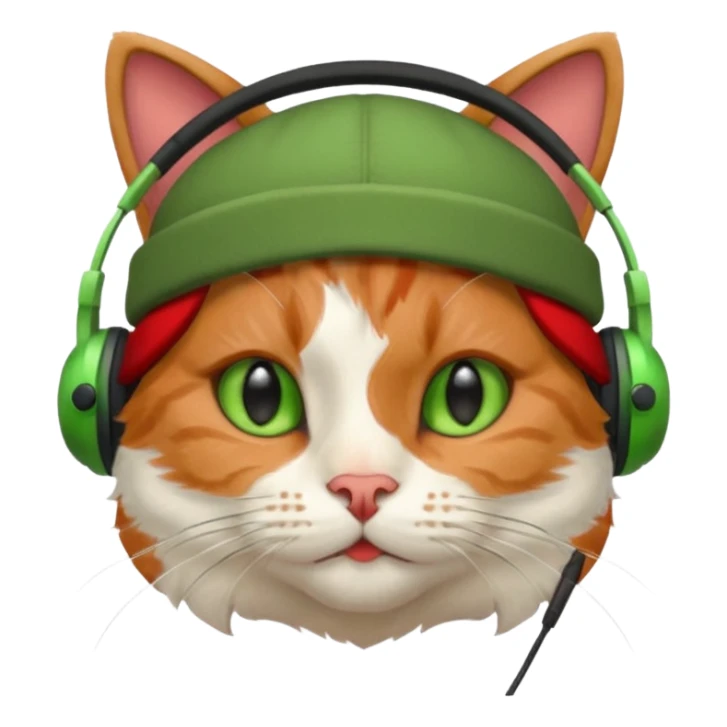 cat head, calico fur, green headphones, red hat sticker